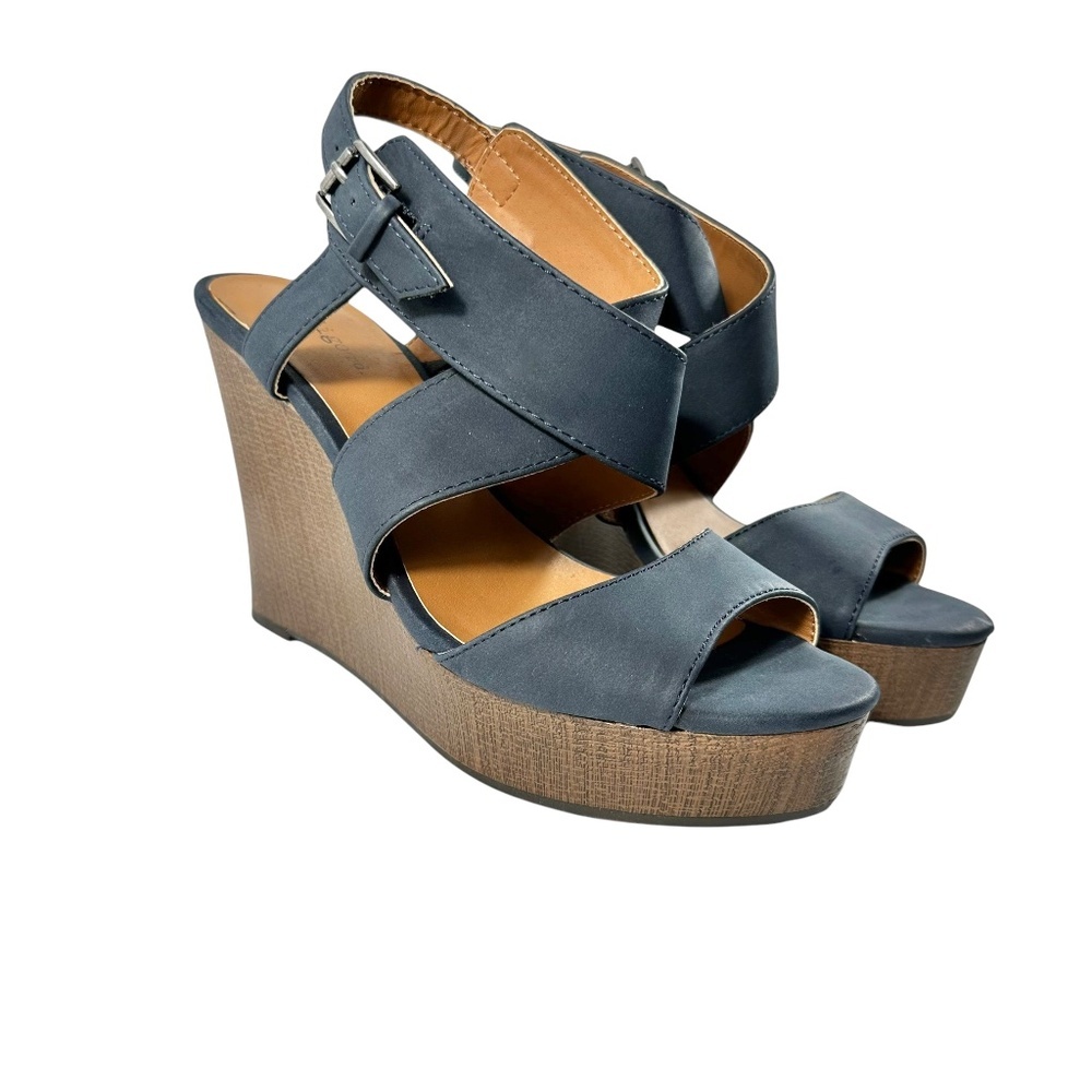 | Indigo Rd | Blue Brown Criss Cross Open Toe Wedge Sandal - 7.5